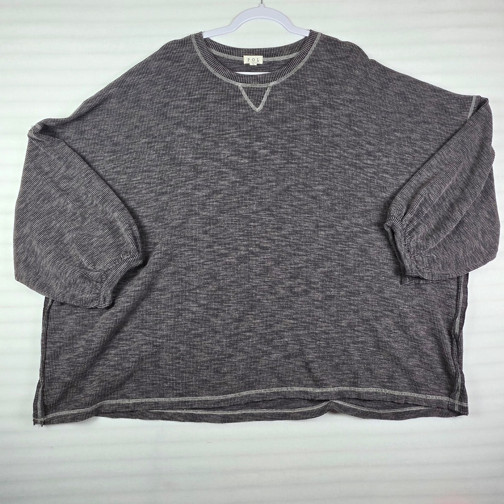 POL Waffle Knit Top Womens Large Gray Cotton Blend Oversized Grunge Boho SMT2193